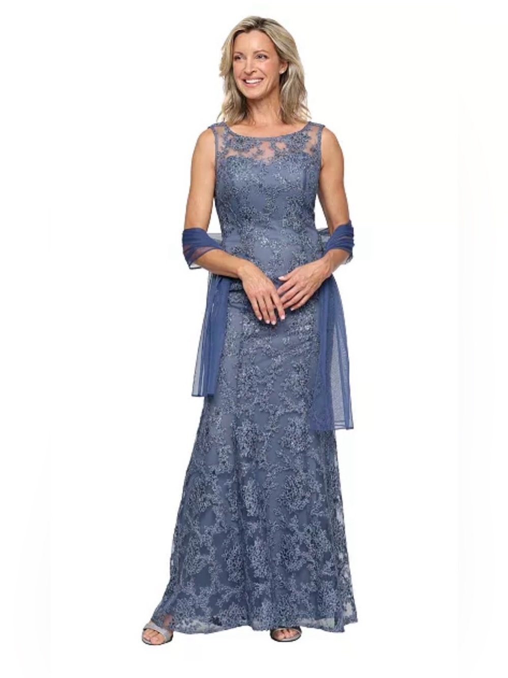 Alex Evenings Dusty Blue Lace Maxi Gown with Sheer Shawl